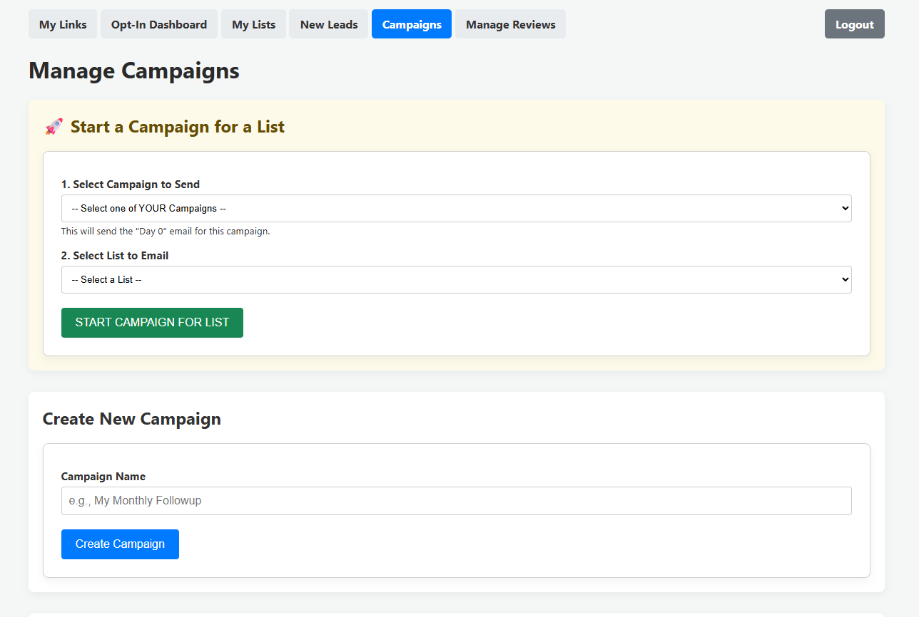 Screenshot of the campaign management page