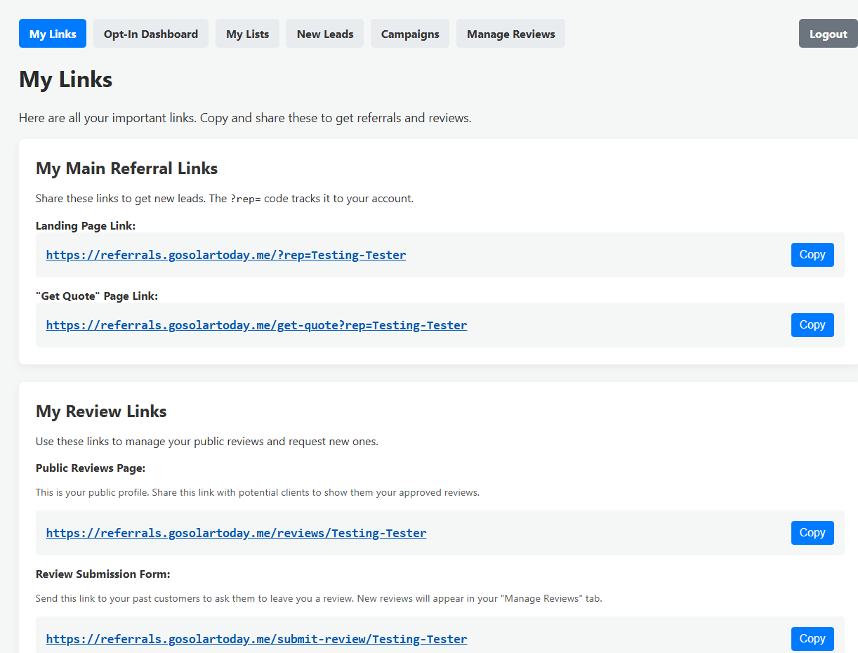 Screenshot of the 'My Links' page